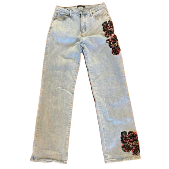 AKIRA Denim - Akira Hidden Faces Embroidered Straight Leg Jeans - Size 9